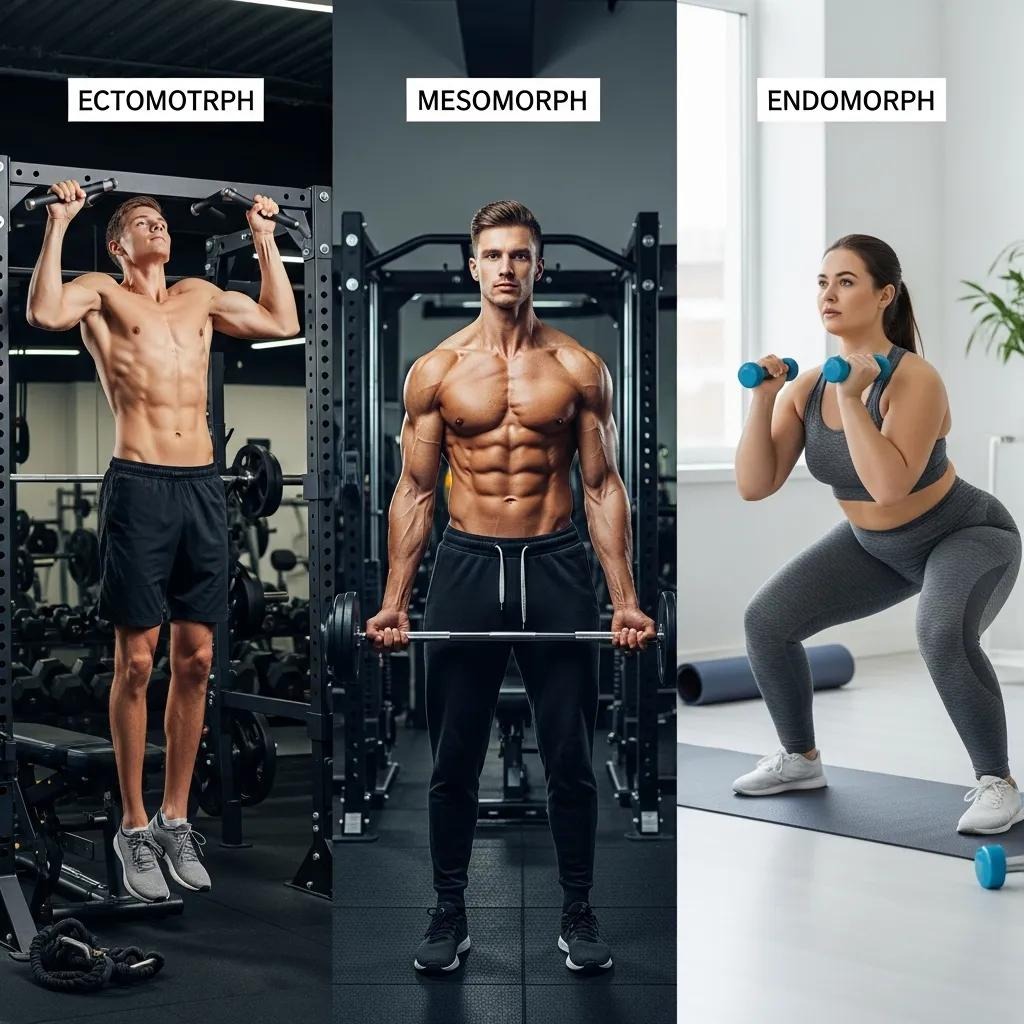 Grafik zu Ektomorph, Mesomorph und Endomorph mit typischen Merkmalen im Fitnesskontext Drie lichaamstypes in de sportschool