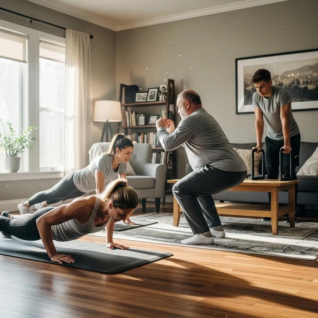 Verschiedene Personen trainieren zuhause mit Bodyweight‑Übungen – Home‑Workout‑Pläne für unterschiedliche Körpertypen Groep mensen aan het sporten.