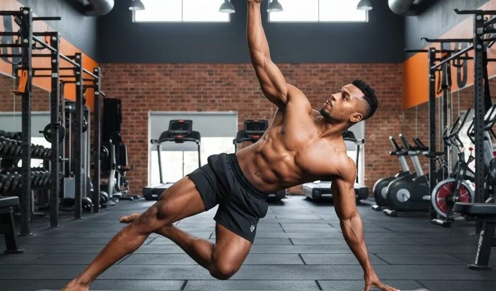 Fit individual with an endomorphic body type engaging in a fitness activity in a bright gym