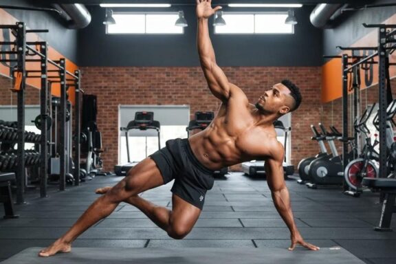 Fit individual with an endomorphic body type engaging in a fitness activity in a bright gym
