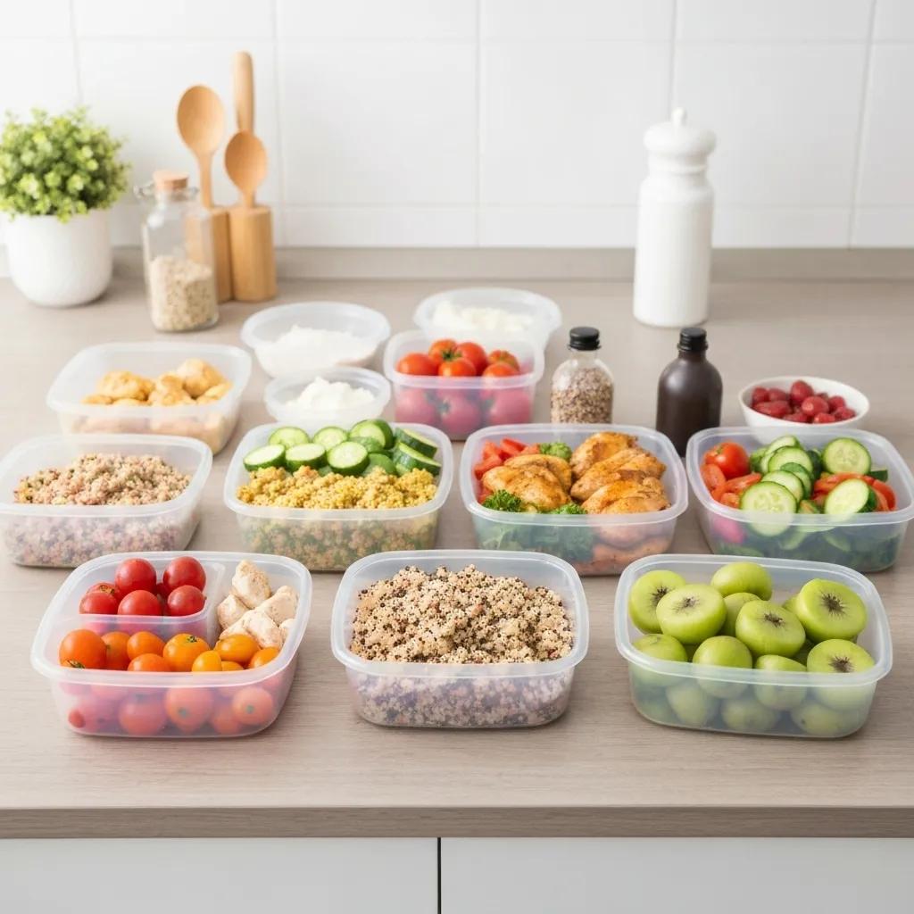 Weekly meal prep containers filled with healthy foods for a mesomorph diet