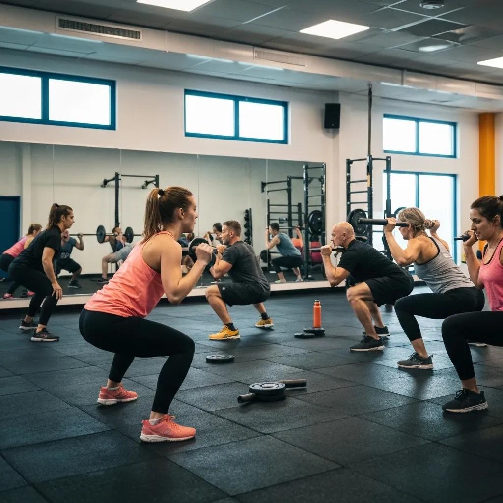 Gruppentraining mit Fokus auf Krafttraining, einschließlich verschiedener Personen, darunter ein Endomorph