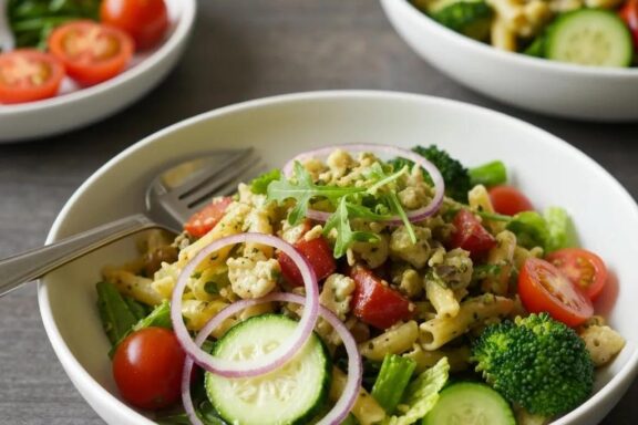 Healthy meal plate with lean proteins, complex carbohydrates, and healthy fats representing mesomorph nutrition