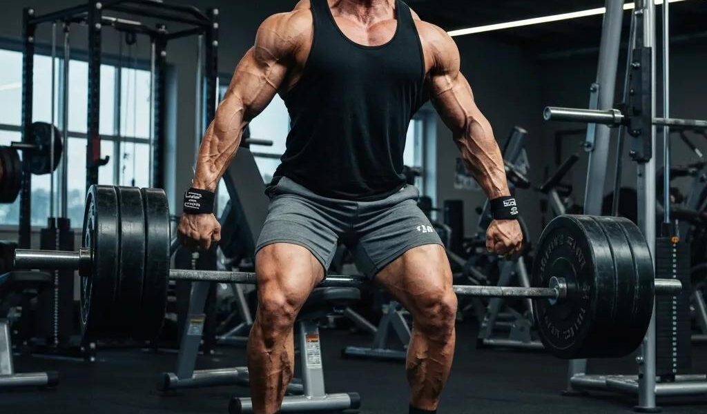 Fit ectomorph individual performing a compound exercise in a gym, showcasing strength and determination