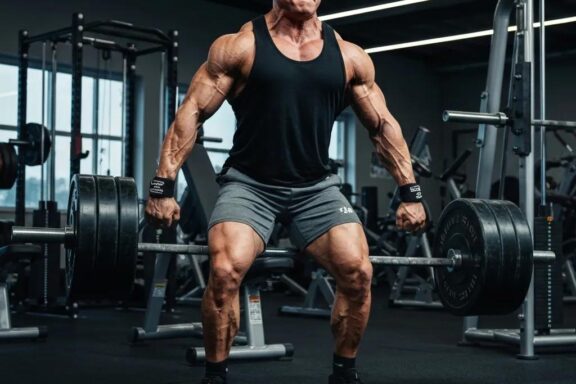 Fit ectomorph individual performing a compound exercise in a gym, showcasing strength and determination