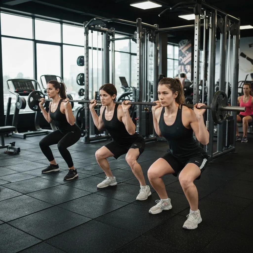 Group of ectomorph individuals engaged in strength training exercises in a modern gym setting