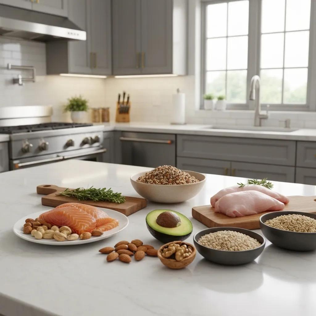 High-calorie, protein-rich foods arranged in a kitchen, suitable for ectomorphs' dietary needs