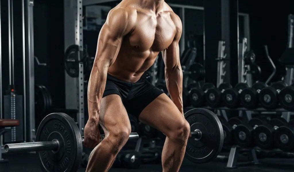 Mesomorph Fit individual with mesomorphic body type lifting weights in a gym, representing athleticism and strength training