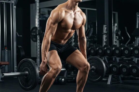 Mesomorph Fit individual with mesomorphic body type lifting weights in a gym, representing athleticism and strength training