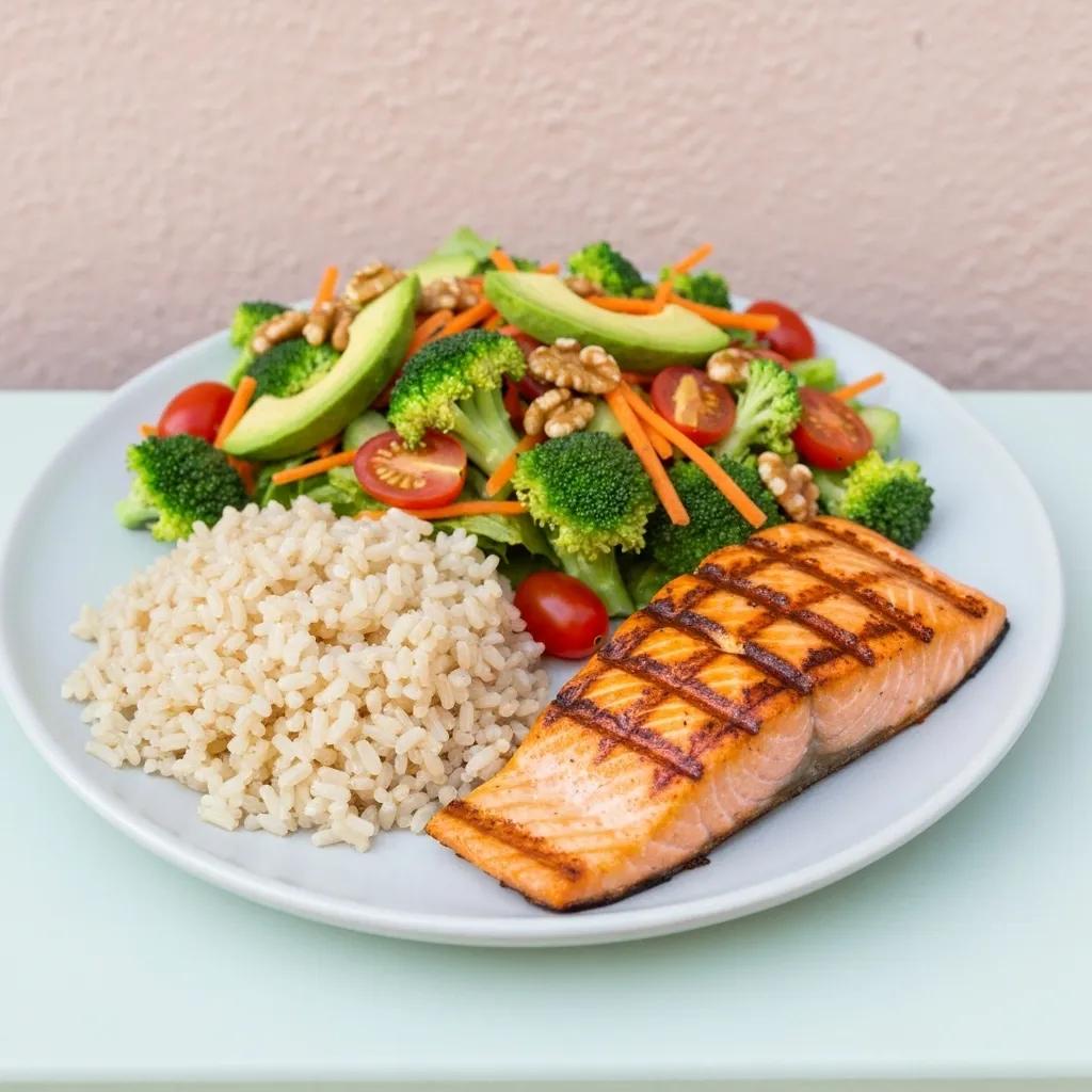 Balanced meal illustrating optimal macronutrient distribution for mesomorphs with salmon, rice, and salad