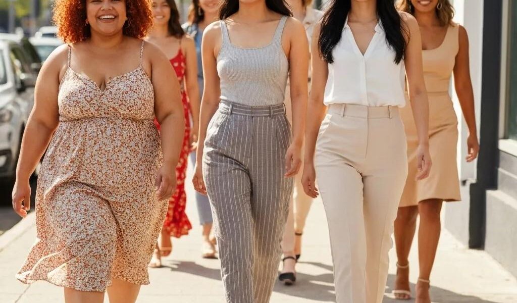Diverse women showcasing different body types in stylish outfits, promoting body positivity