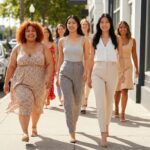 Diverse women showcasing different body types in stylish outfits, promoting body positivity