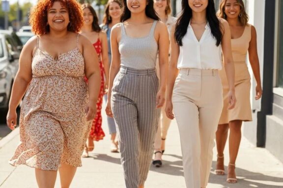 Diverse women showcasing different body types in stylish outfits, promoting body positivity