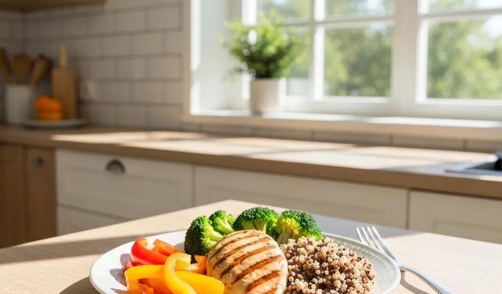 Healthy meal plate with lean proteins, vegetables, and whole grains representing optimal nutrition for muscle definition
