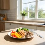 Healthy meal plate with lean proteins, vegetables, and whole grains representing optimal nutrition for muscle definition