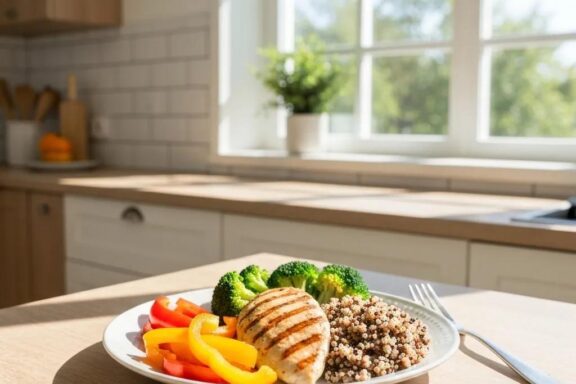 Healthy meal plate with lean proteins, vegetables, and whole grains representing optimal nutrition for muscle definition