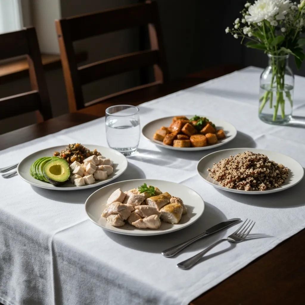 Balanced meal showcasing proteins, carbohydrates, and healthy fats essential for muscle definition