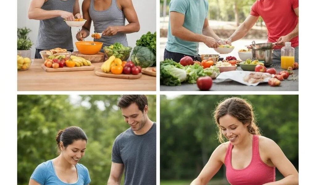 Diverse group of people cooking healthy meals and exercising, representing effective weight loss strategies for endomorphs