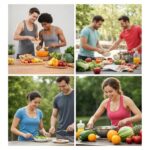 Diverse group of people cooking healthy meals and exercising, representing effective weight loss strategies for endomorphs