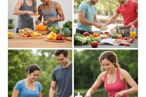 Diverse group of people cooking healthy meals and exercising, representing effective weight loss strategies for endomorphs