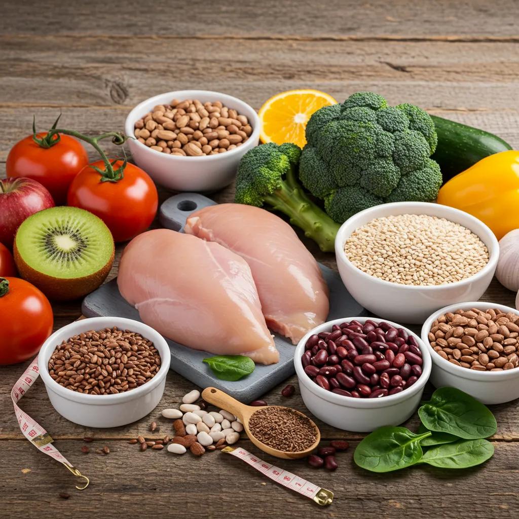 Anordnung gesunder Lebensmittel, darunter protein- und ballaststoffreiche Produkte zur Unterstützung der Gewichtsreduktion