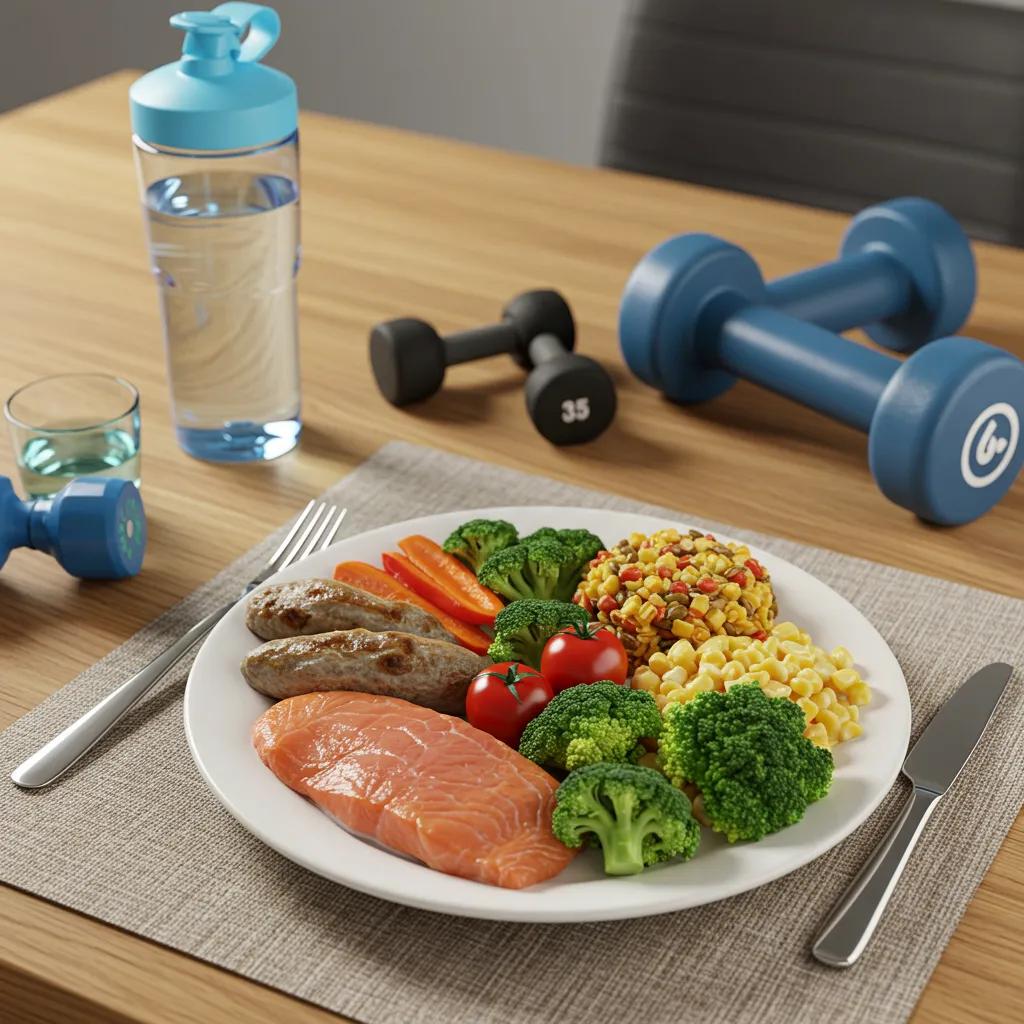 Balanced meal plate for mesomorphs with lean protein, complex carbs, and vegetables