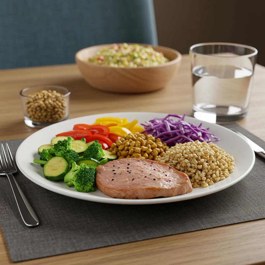 Ausgewogener Teller, der nachhaltige Abnehmprinzipien ohne Hunger veranschaulicht