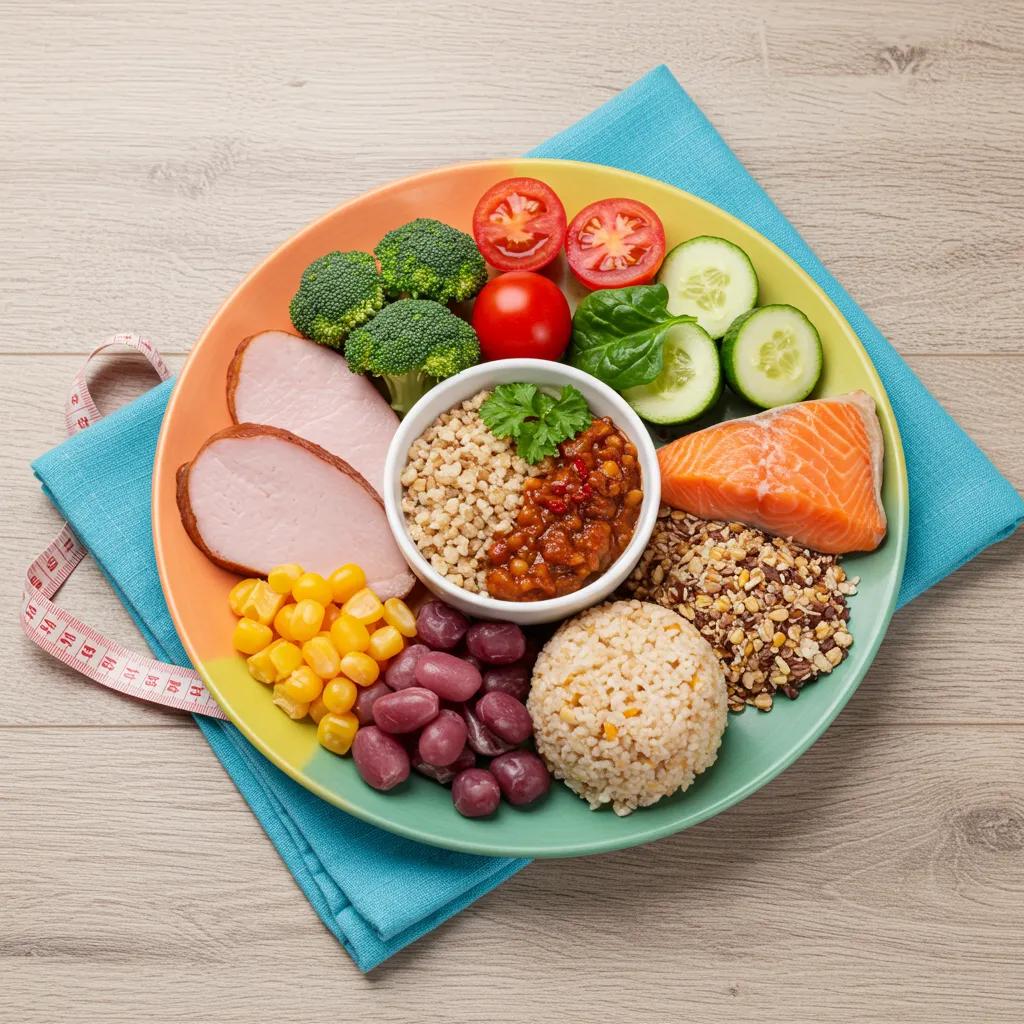 Balanced meal plate with lean proteins, whole grains, and vegetables, supporting healthy weight loss for different body types