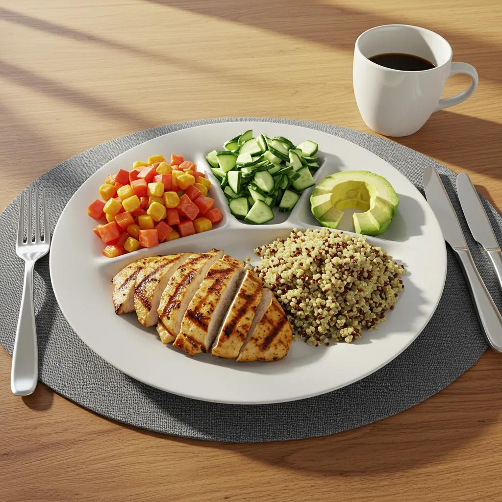 Ausgewogene Mahlzeit mit Protein, Kohlenhydraten und gesunden Fetten für effektiven Gewichtsverlust