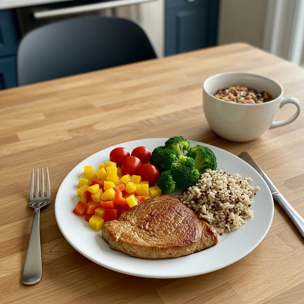 Ausgewogene Mahlzeit mit magerem Protein, buntem Gemüse und Vollkornprodukten für eine effektive Fettverbrennung