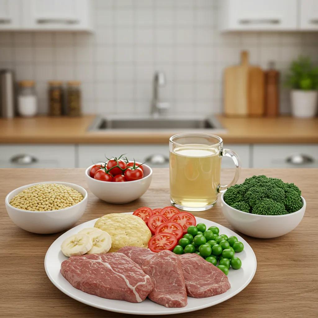 Ausgewogener Teller mit Speisen, der Portionskontrolle mit Protein, Gemüse und gesunden Fetten für ein Kaloriendefizit veranschaulicht