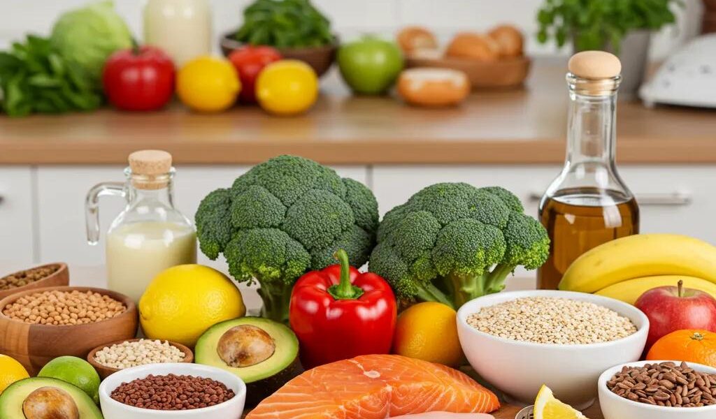 Colorful assortment of healthy foods promoting weight loss and balanced nutrition