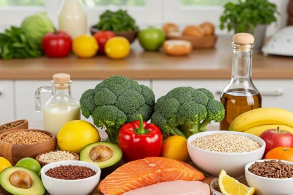 Colorful assortment of healthy foods promoting weight loss and balanced nutrition