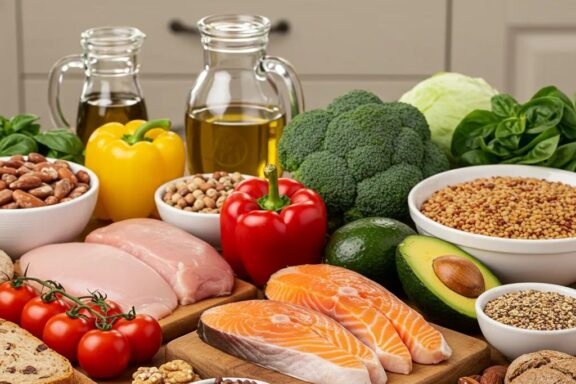 Bunte Auswahl gesunder Lebensmittel, die nachhaltigen Gewichtsverlust ohne Diät fördern