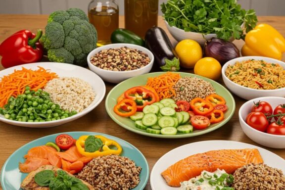 Colorful healthy meals showcasing low-calorie recipes for weight loss