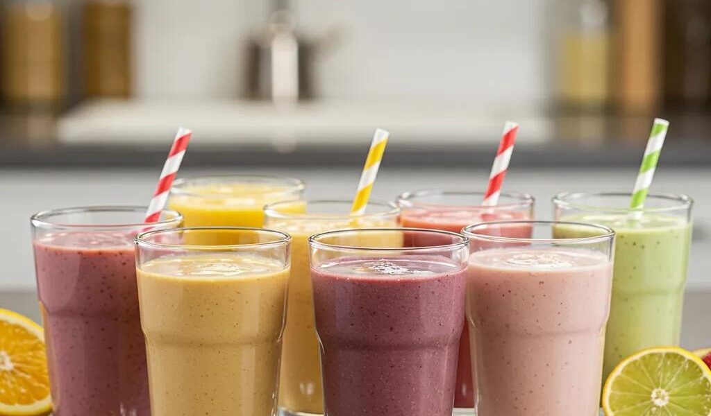 Colorful weight loss shakes with fruits and vegetables in a bright kitchen setting