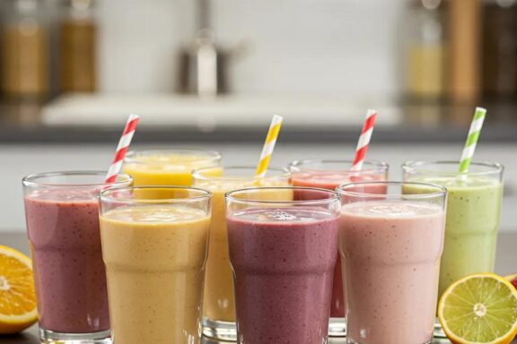 Colorful weight loss shakes with fruits and vegetables in a bright kitchen setting