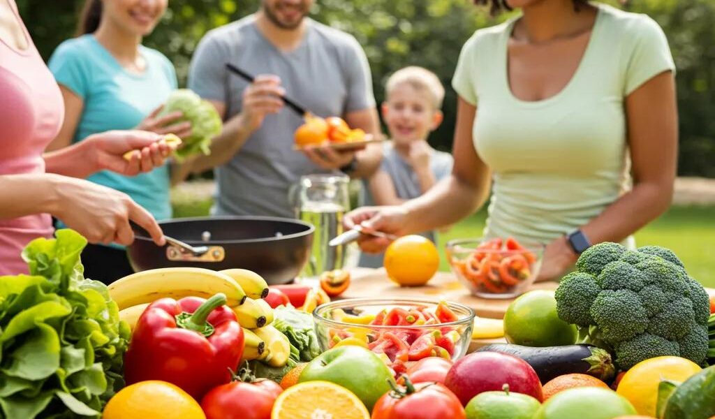 Diverse group of people enjoying healthy activities and nutritious meals, promoting healthy weight loss