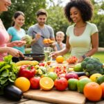 Diverse group of people enjoying healthy activities and nutritious meals, promoting healthy weight loss
