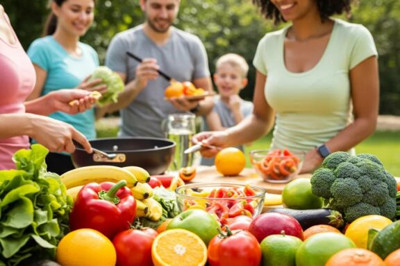 Diverse group of people enjoying healthy activities and nutritious meals, promoting healthy weight loss