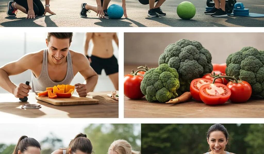Diverse group of people exercising and preparing healthy meals, representing quick weight loss and healthy lifestyle