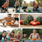 Diverse group of people exercising and preparing healthy meals, representing quick weight loss and healthy lifestyle
