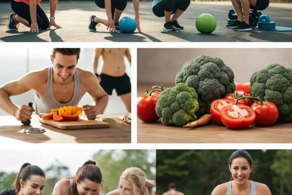 Diverse group of people exercising and preparing healthy meals, representing quick weight loss and healthy lifestyle