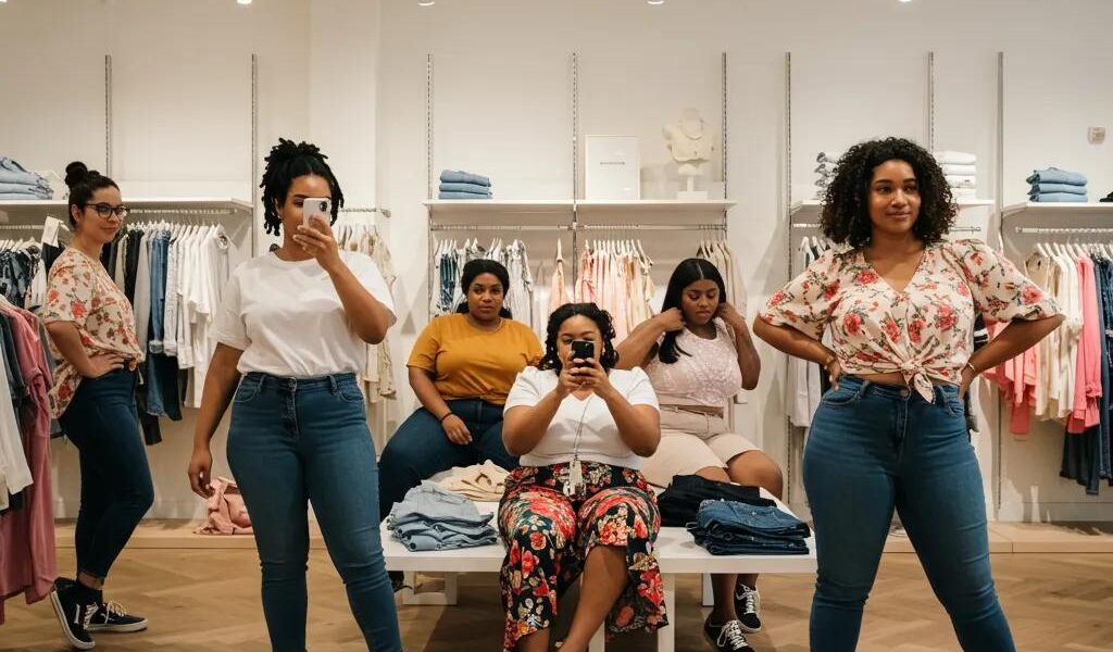 Diverse individuals exploring fashion styles in a modern clothing store