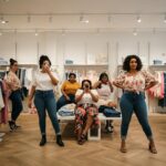 Diverse individuals exploring fashion styles in a modern clothing store