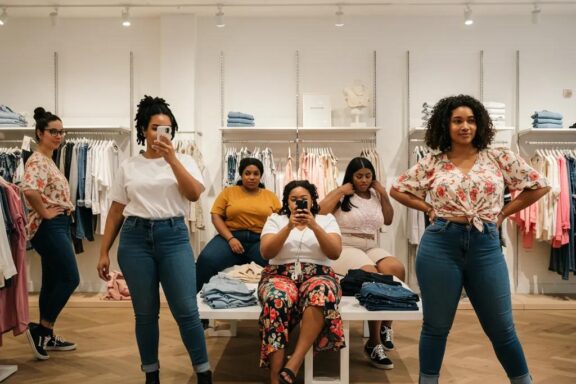 Diverse individuals exploring fashion styles in a modern clothing store