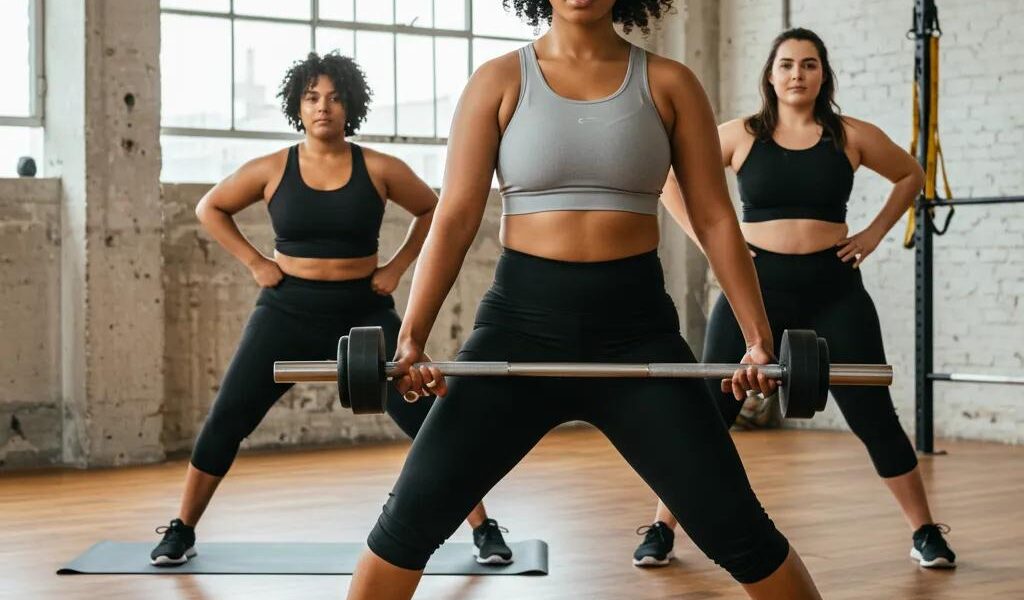 Diverse women exercising together, representing different body types and promoting body positivity