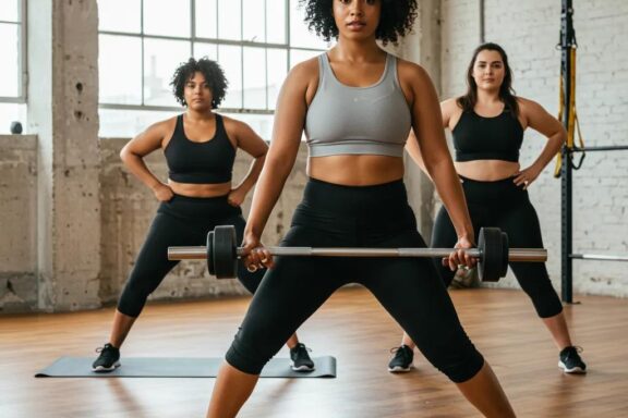 Diverse women exercising together, representing different body types and promoting body positivity