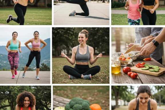 Vielfältige Frauen beim Sport und bei der Zubereitung gesunder Mahlzeiten – ein Symbol für Stärke und Gemeinschaft auf dem Weg zum Wunschgewicht