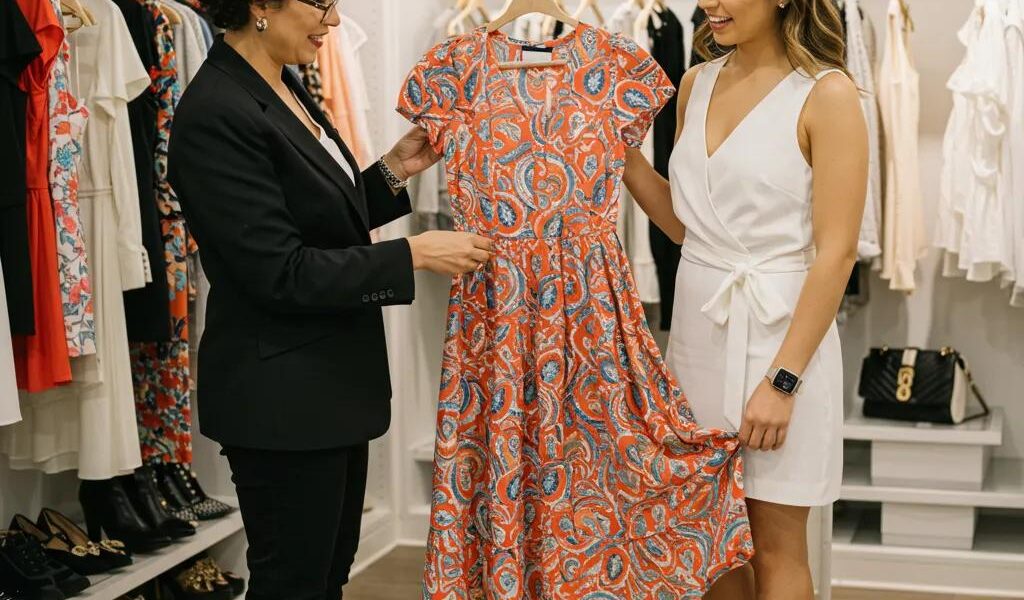 Eine Modeberaterin hilft einer Kundin bei der Auswahl von Outfits während einer Outfitberatung